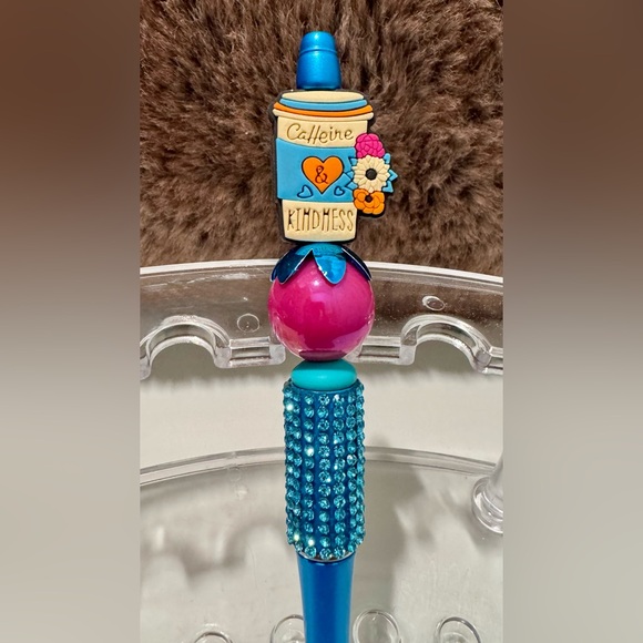 Pen Coffee Caffeine and Kindness Cup Sparkly Beaded Handmade Decorated Focal - Picture 1 of 7